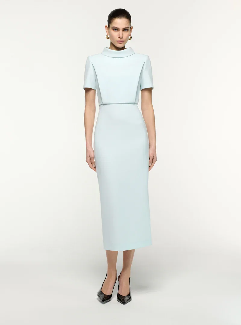 COLLARED CREPE SHORT SLEEVE MIDI DRESS