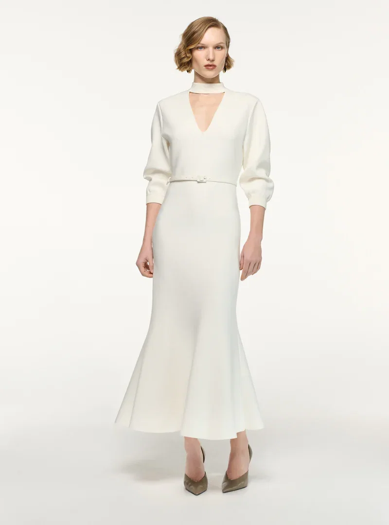 BELTED BLOUSON KNIT MIDI DRESS