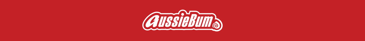 A red rectangular banner with the white aussieBum logo centered in the middle. The logo features stylized text, and the background is solid red with a thin gray border along the top edge.