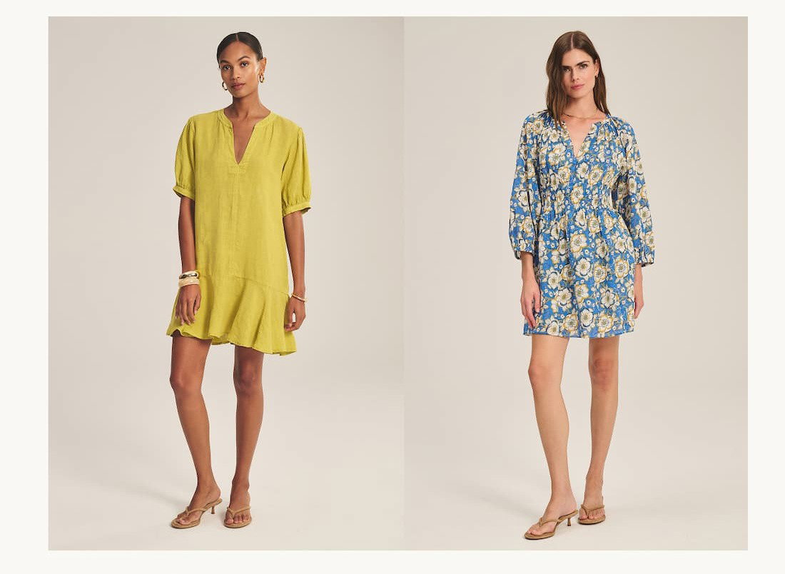 Two images of models wearing dresses: Meadow Dress and Sandrine Dress