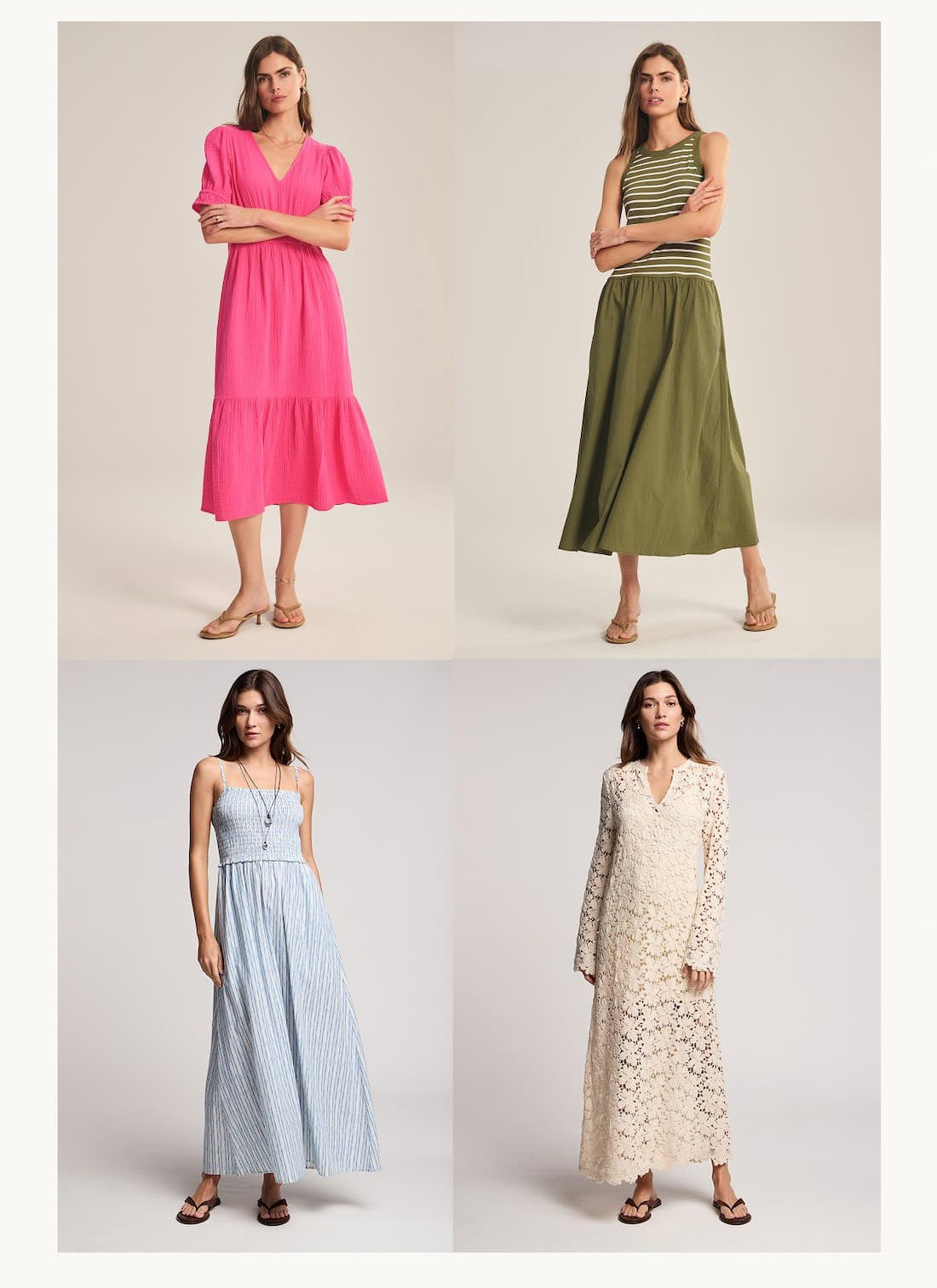 4 images of models wearing: Rivelle Dress, Romina Dress, Senara Dress, and Jovie Dress