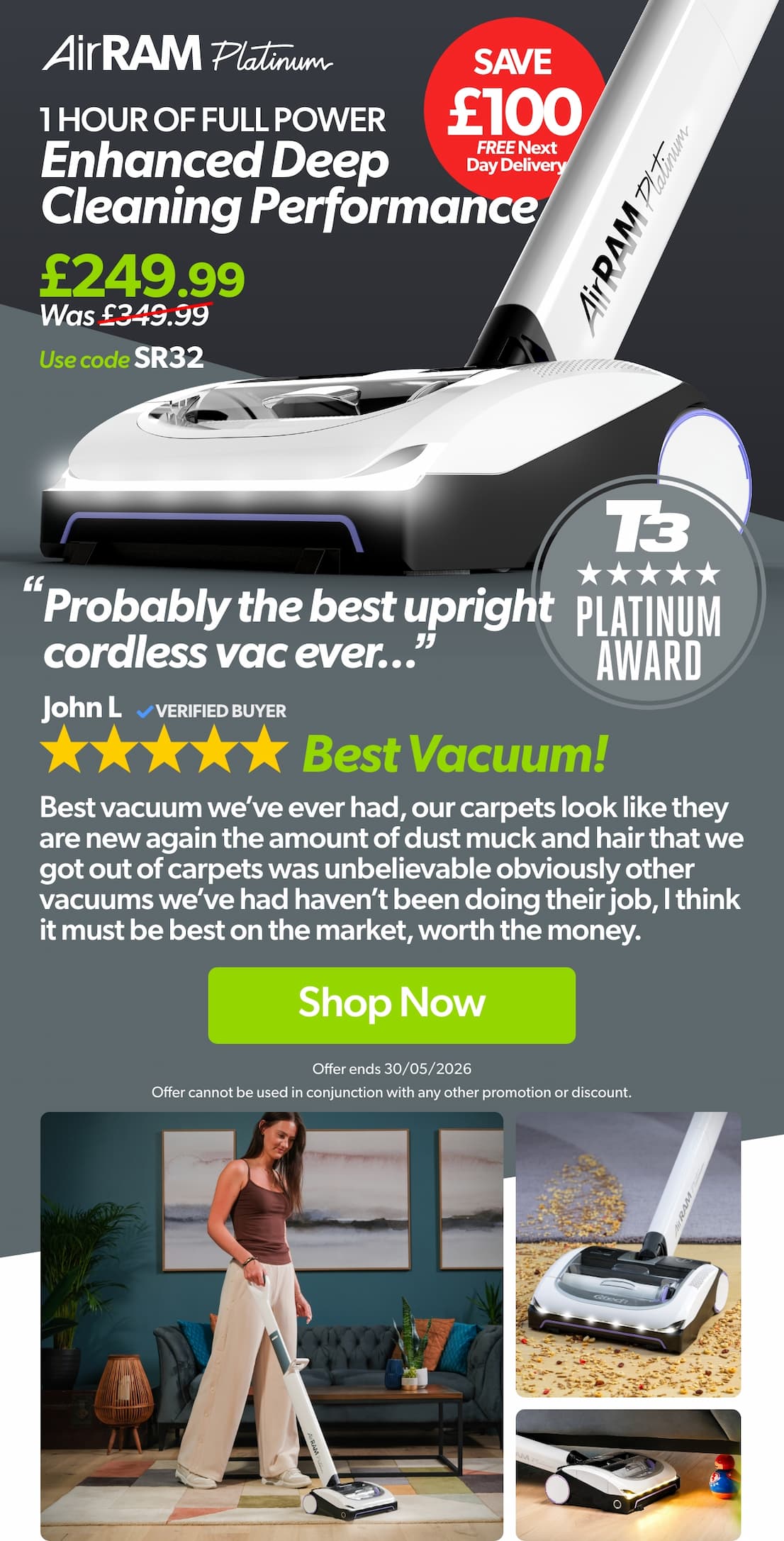 Gtech AirRAM Platinum - Save £100. Use code DF96