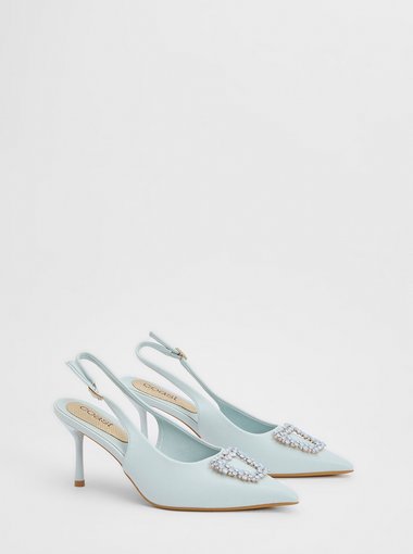 Diana Blue Faux Leather Square Coloured Trim Medium Stiletto Heel Slingback Court Shoes