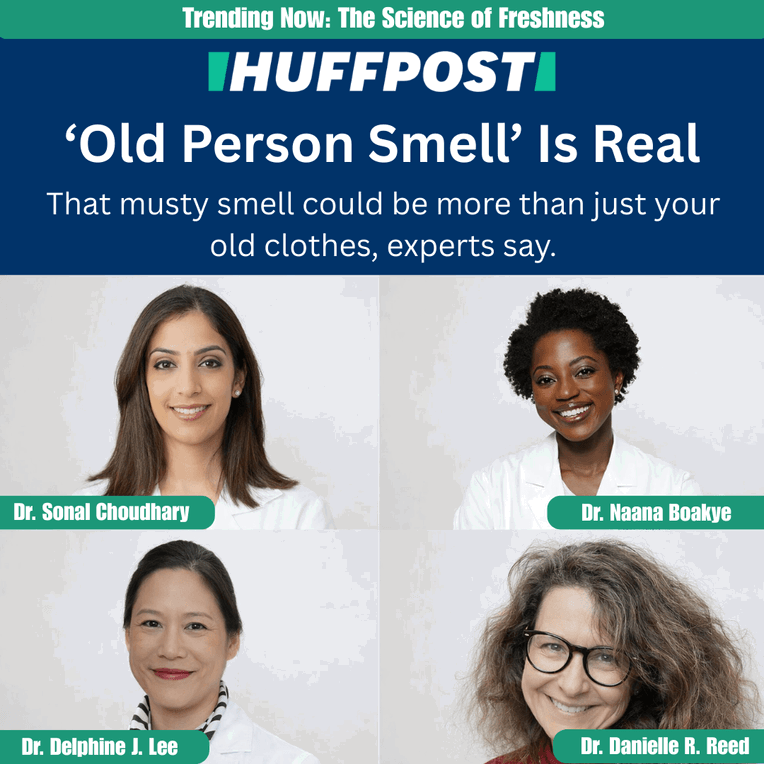 Collage of four doctors with the headline ".Old Person Smell" Is Real, attributed to HuffPost. (square)