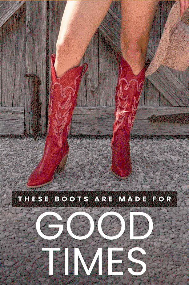 These boots are made for good times, honkey-tonks, turning heads, tailgates. Image of a woman wearing Top Moda Cattle Cowgirl Boots for Women in Red