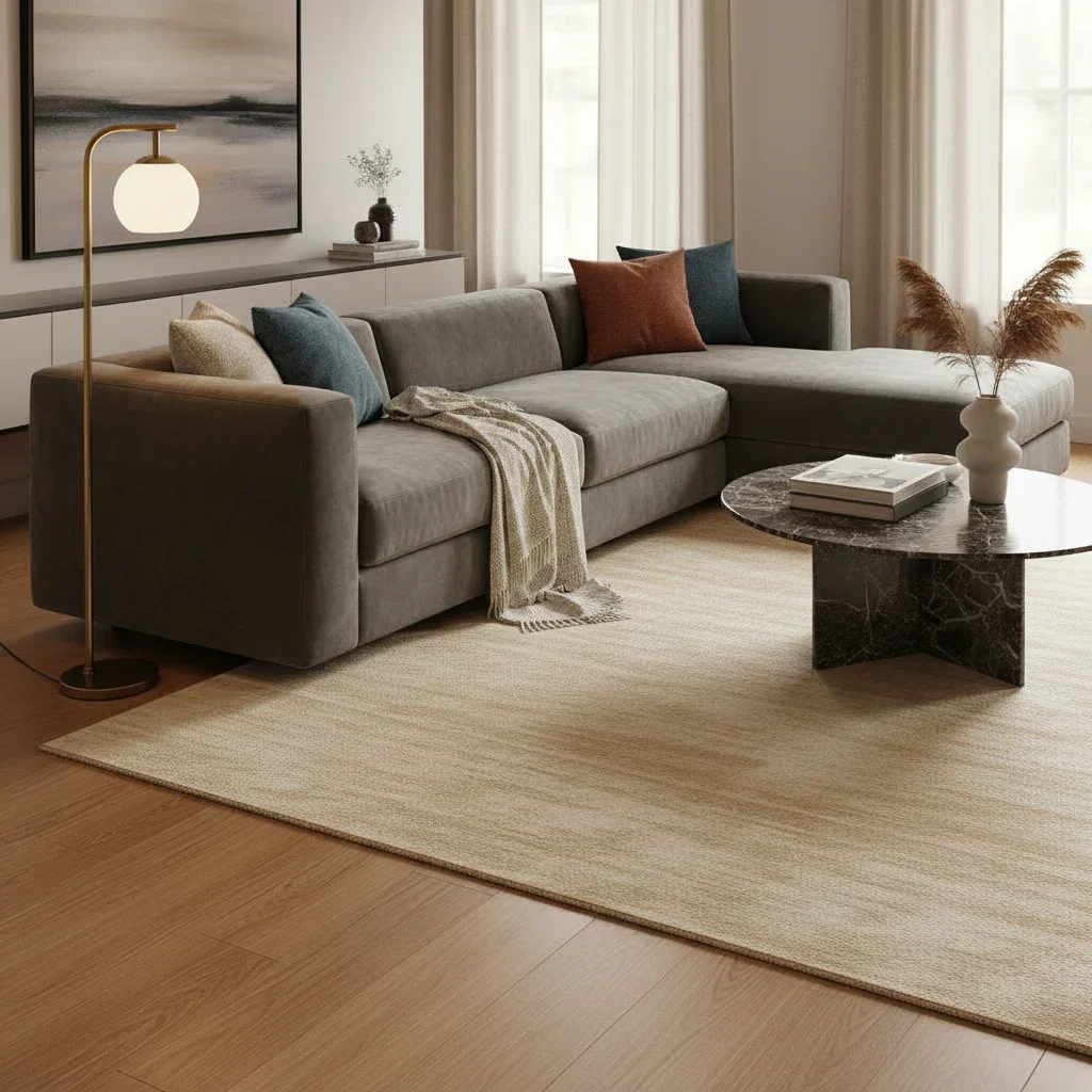 Modern living room featuring a gray sectional sofa with colorful pillows, marble coffee table, and neutral area rug from Boutique Rugs collection.
