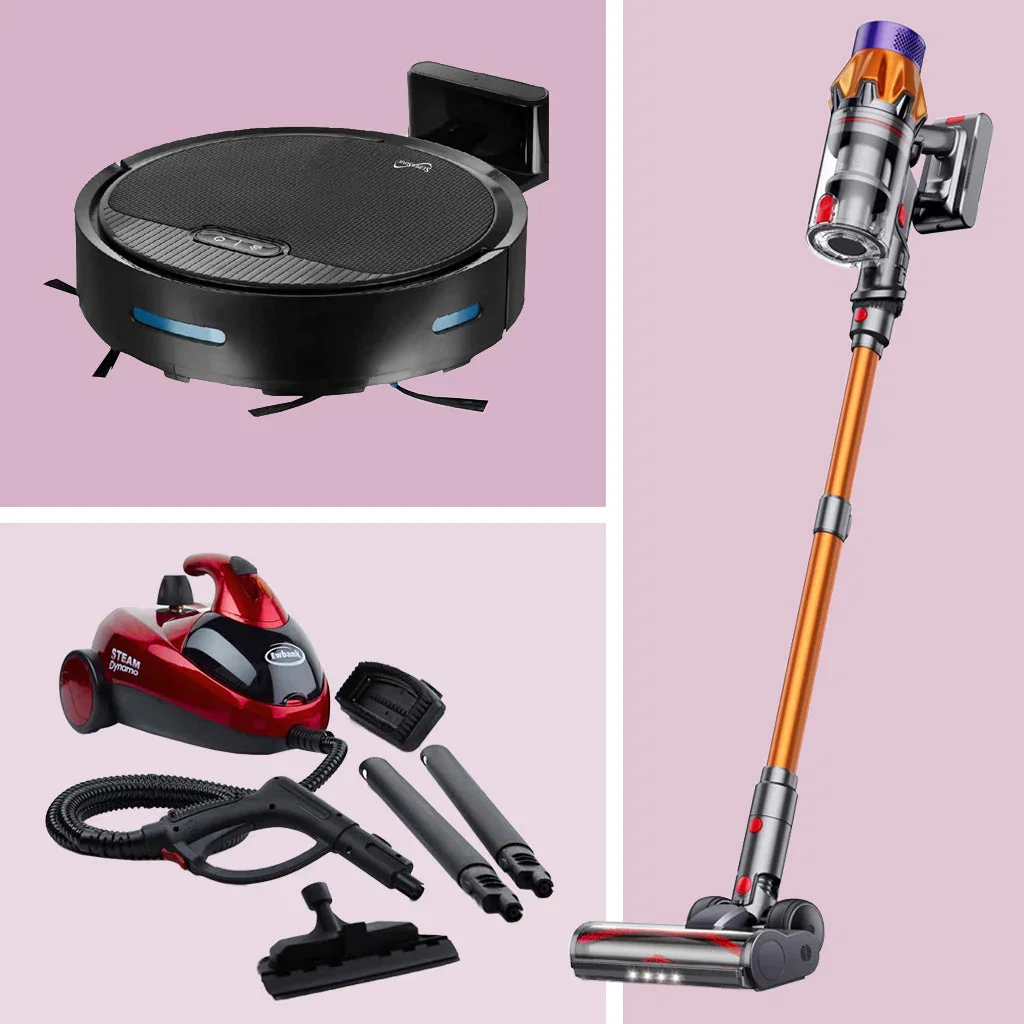 Cleaning Materials collection featuring a robotic vacuum, cordless stick vacuum, and steam cleaner on pink background