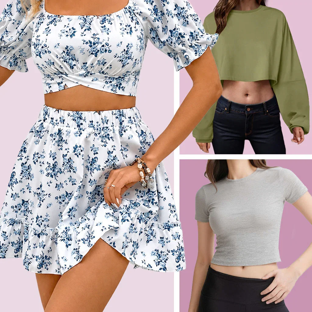 Three women modeling cropped tops: floral off-shoulder two-piece set, olive green long-sleeve crop top, and gray ribbed short-sleeve crop top.