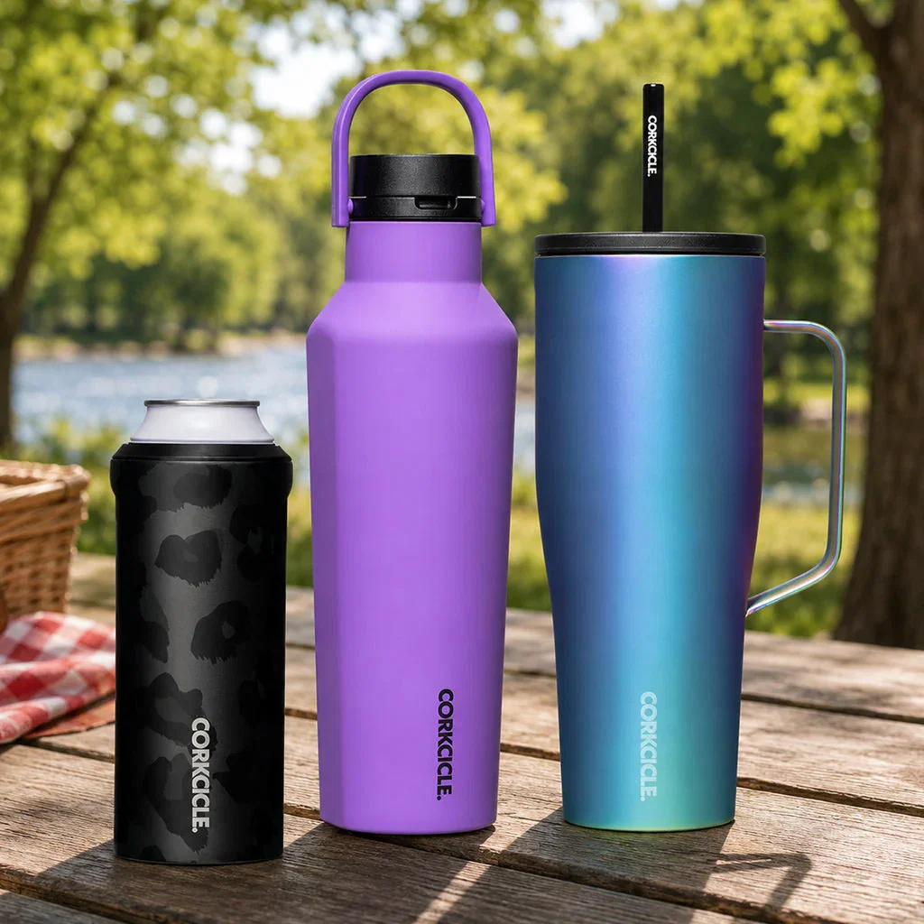 Three Corkcicle insulated drinkware products displayed outdoors: black can cooler, purple water bottle with handle, and blue tumbler with straw.