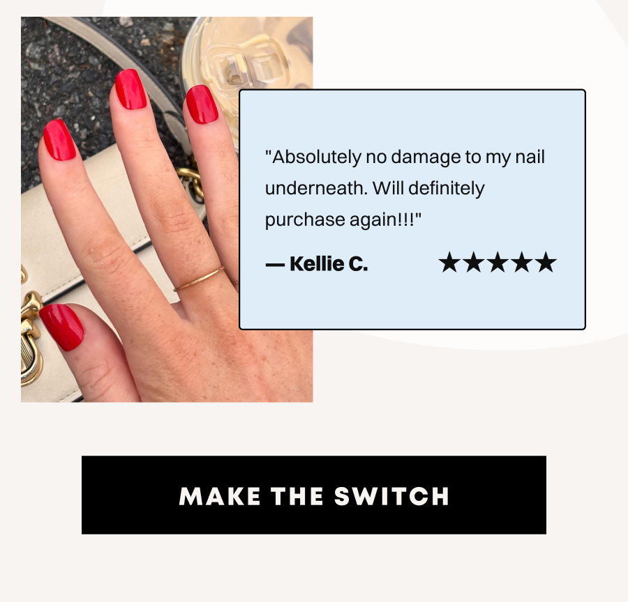 Red manicured nails with customer review about zero nail damage and product satisfaction