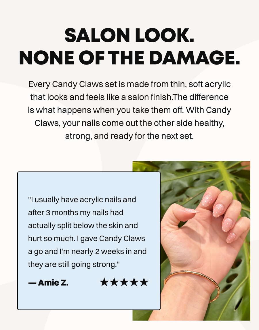 Customer testimonial with natural nails and tropical plant background showcasing nail health