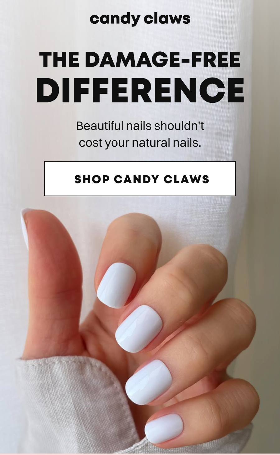 White manicured nails displayed on hands with text about damage-free nail beauty solutions