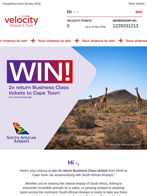Your chance to win 2x return Business Class tickets from Perth to Cape Town*