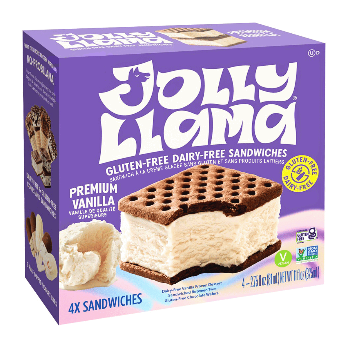 Image of Jolly Llama Gluten & Dairy Free Ice Cream Sandwich Premium Vanilla, 4 Pack