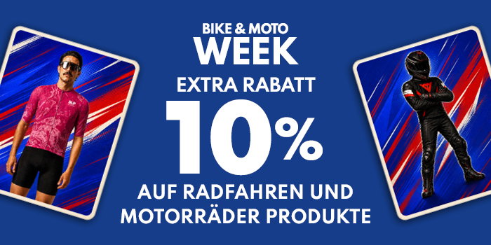 Promotional banner for Bike & Moto Week — 10% off cycling and motorcycle products, cyclist in pink kit and motorcyclist in black leathers on blue background