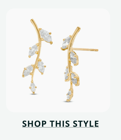 Gold branch-style stud with five marquise stones arranged like leaves along stem. Click here to shop this style