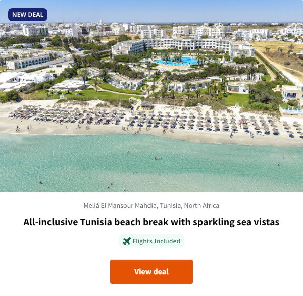 All-inclusive Tunisia beach break with sparkling sea vistas