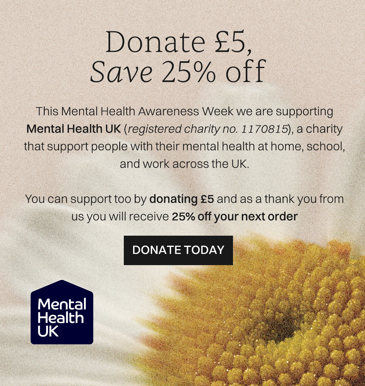 Donate £5, Save 25% off. This Mental Health Awareness Week we are supporting Mental Health UK (registered charity no. 1170815), a charity that support people with their mental health at home, school, and work across the UK.  You can support too by donating £5 and as a thank you from us you will receive 25% off your next order. DONATE TODAY. Mental Health UK Logo