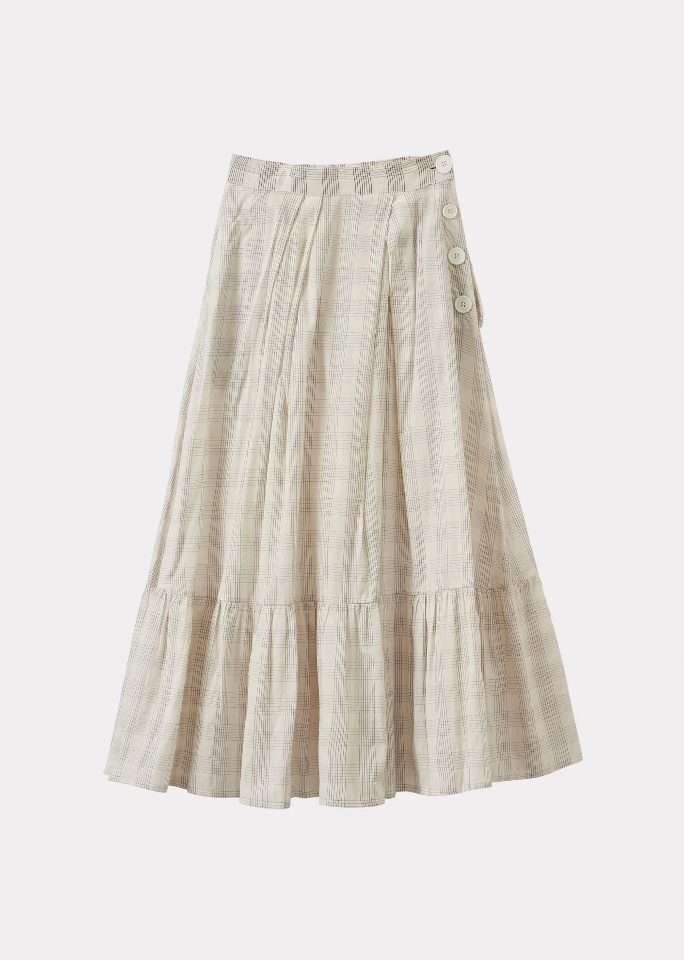 Image of WOMEN'S PLEATED FRILL COTTON SKIRT - ECRU / GREY CHECK