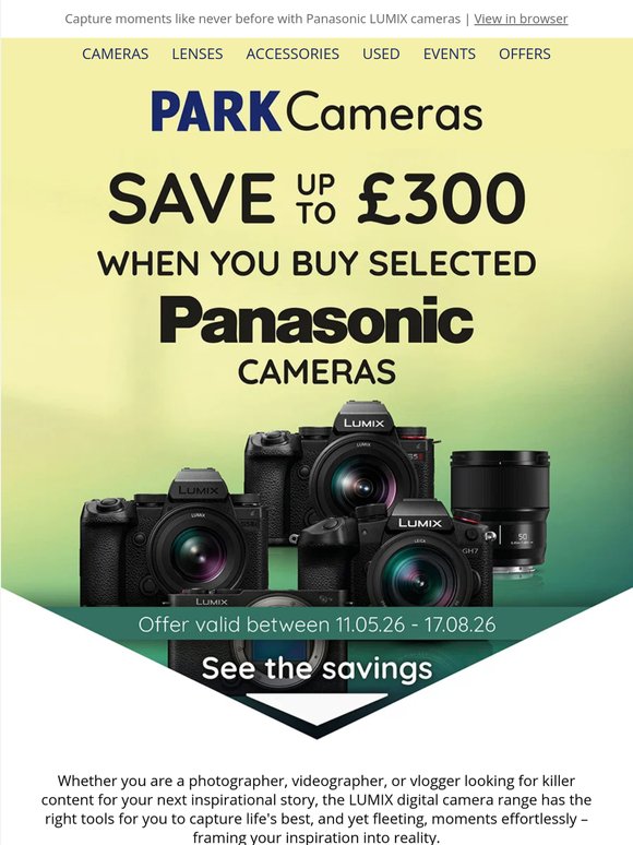 Save up to £300 when you buy selected LUMIX cameras