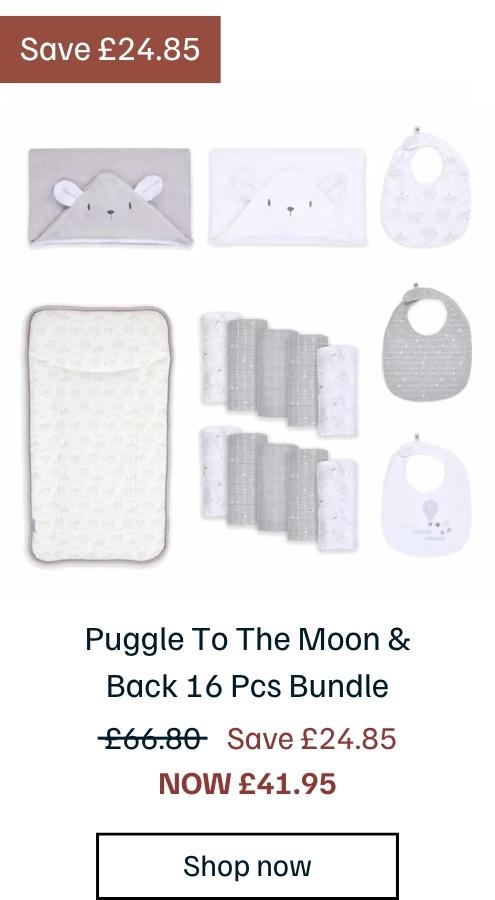 Puggle To The Moon & Back 16 Pcs Bundle with Bibs, Hooded Towels, Changing Mat & Muslin Squares - White/Grey