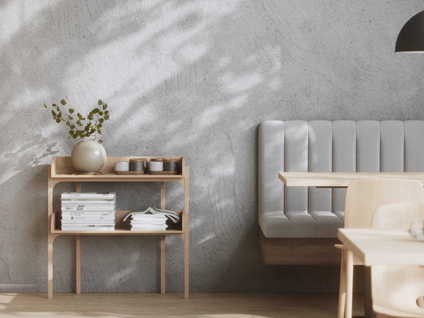 woud utility shelf styled in cafe with bench wall seating