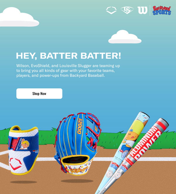 Hey, batter batter! Wilson, EvoShield, and Louisville Slugger are teaming up to bring you all kinds of gear with your favorite teams, players, and power-ups from Backyard Baseball.
