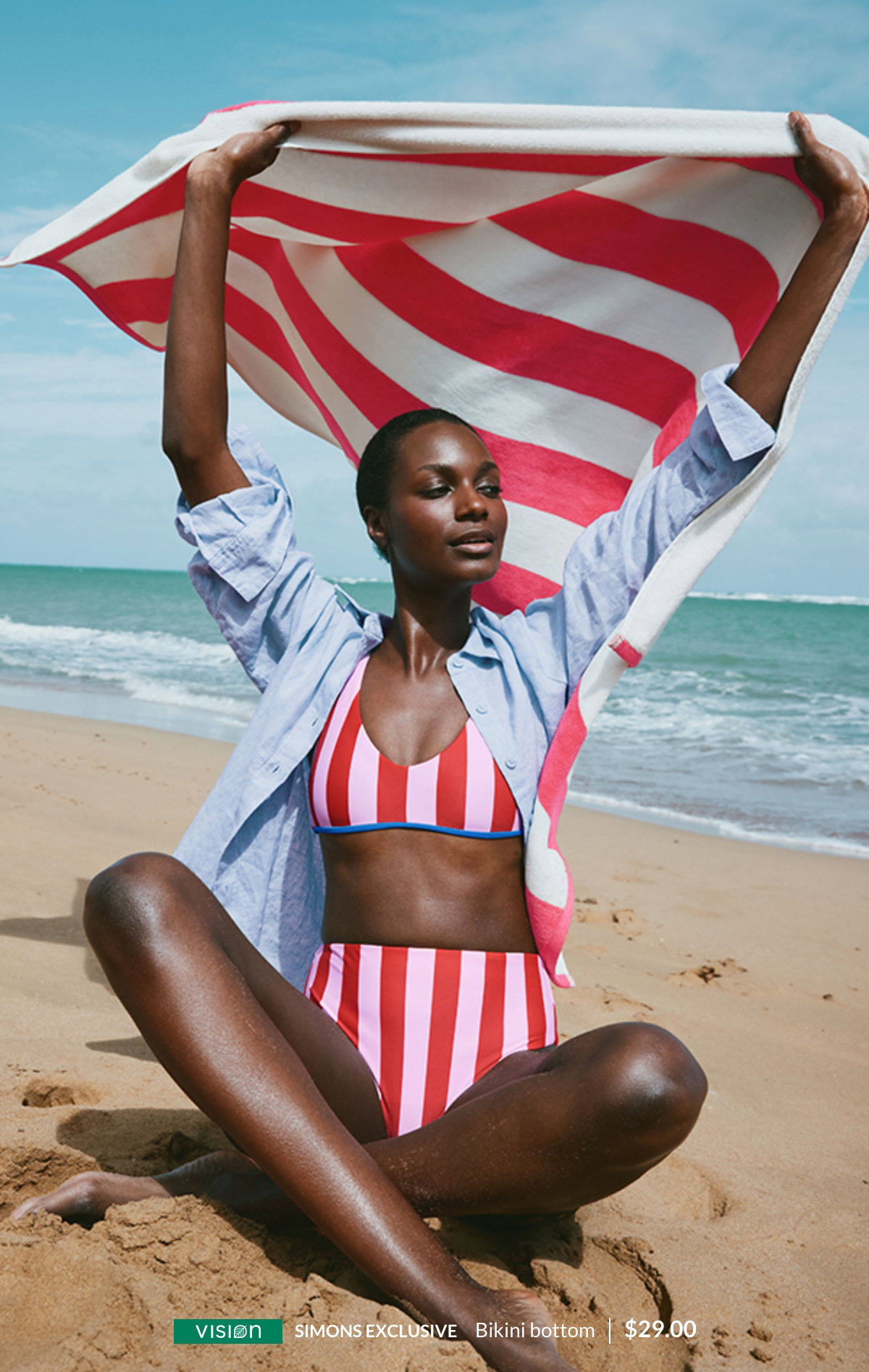 Women's two-piece swimsuit with pink and red stripes. Bikini bottom at $29.00.