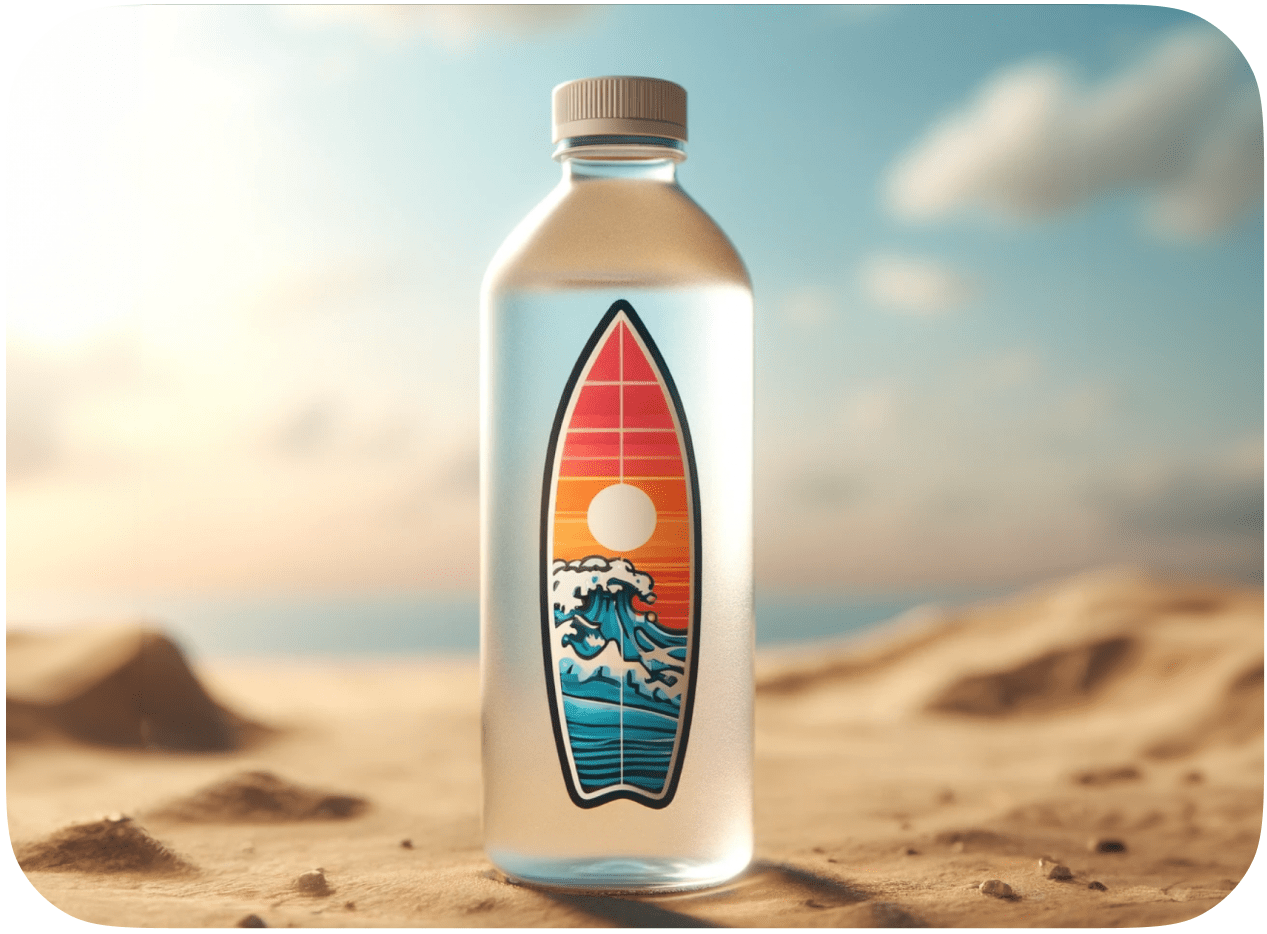 Clear water bottle on the beach with a custom sticker.