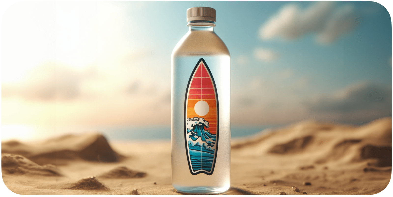 Clear water bottle on the beach with a custom sticker.