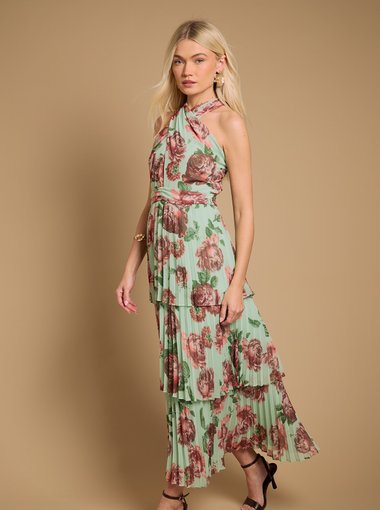 Halterneck Pleated Tiered Maxi Dress