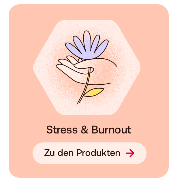 Text: Stress & Burnout. Button: Zu den Produkten