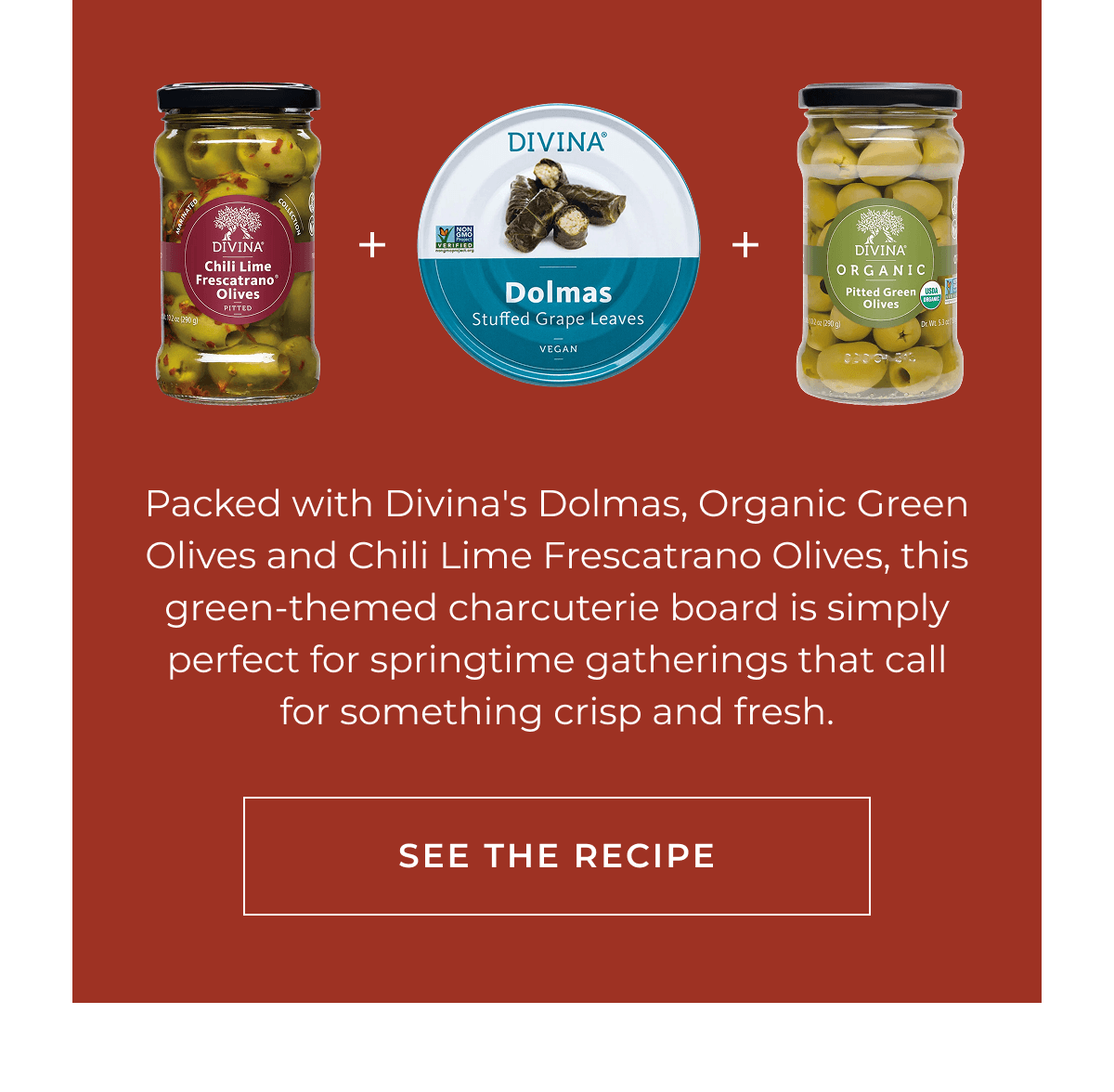 Packed with Divina's Dolmas, Organic Green Olives and Chili Lime Frescatrano Olives, this green-themed charcuterie board is simply perfect for springtime gatherings that call for something crisp and fresh. | [ SEE THE RECIPE ]