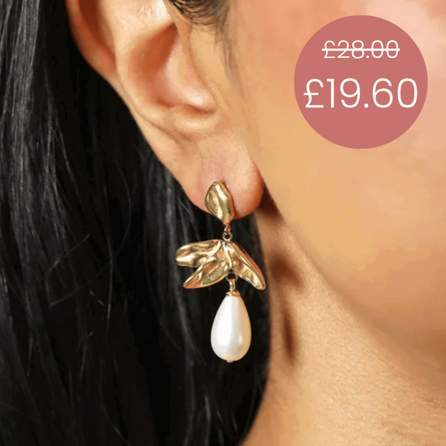 Leaf and Pearl Drop Earrings in Gold