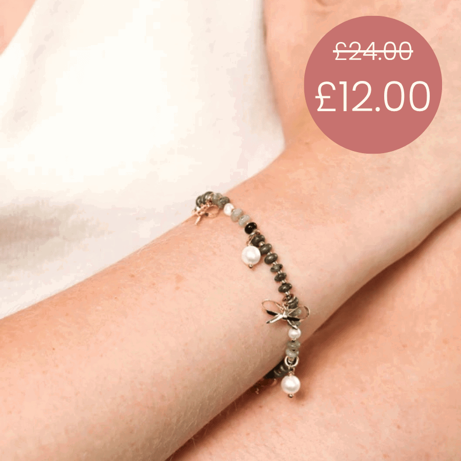 Semi Precious Black Beaded Bow Charm Bracelet in Gold