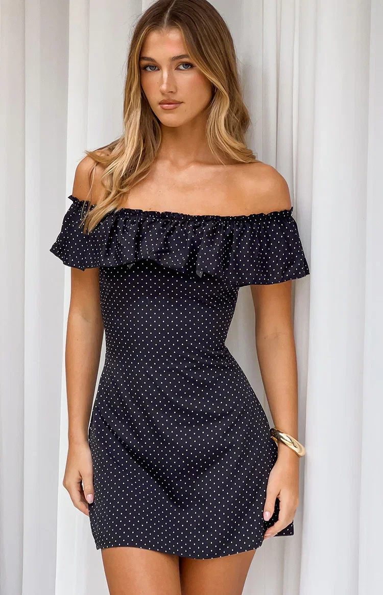 Image of Haylie Black Polka Dot Off Shoulder Mini Dress