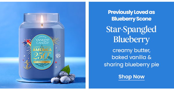 Yankee Candle with America 250 label beside text about star-spangled blueberry scent. Shop Now button is visible.