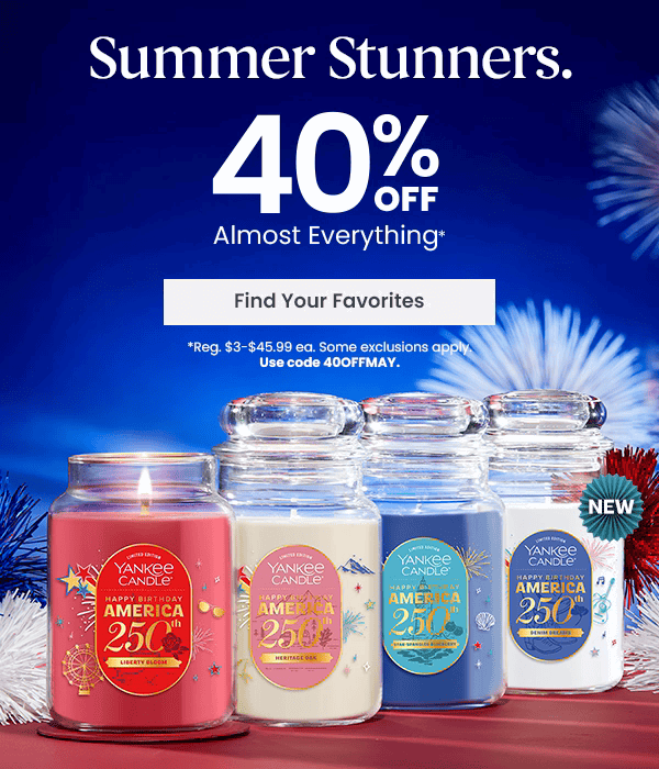 Summer Stunners 40 percent off almost everything, Find Your Favorites button, four Yankee Candle jars displayed