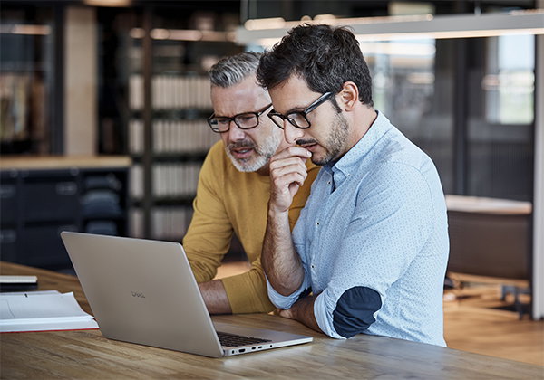Businessmen using Dell Pro 14-inch laptop at desk.