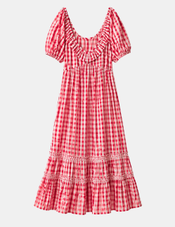 Gingham Print Puff Sleeve Maxi Dress Red