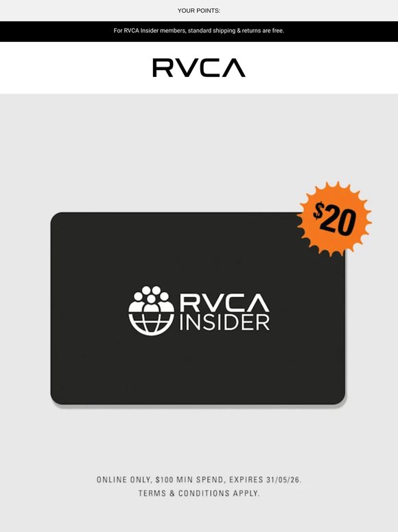 RVCA Insiders get $20 Off