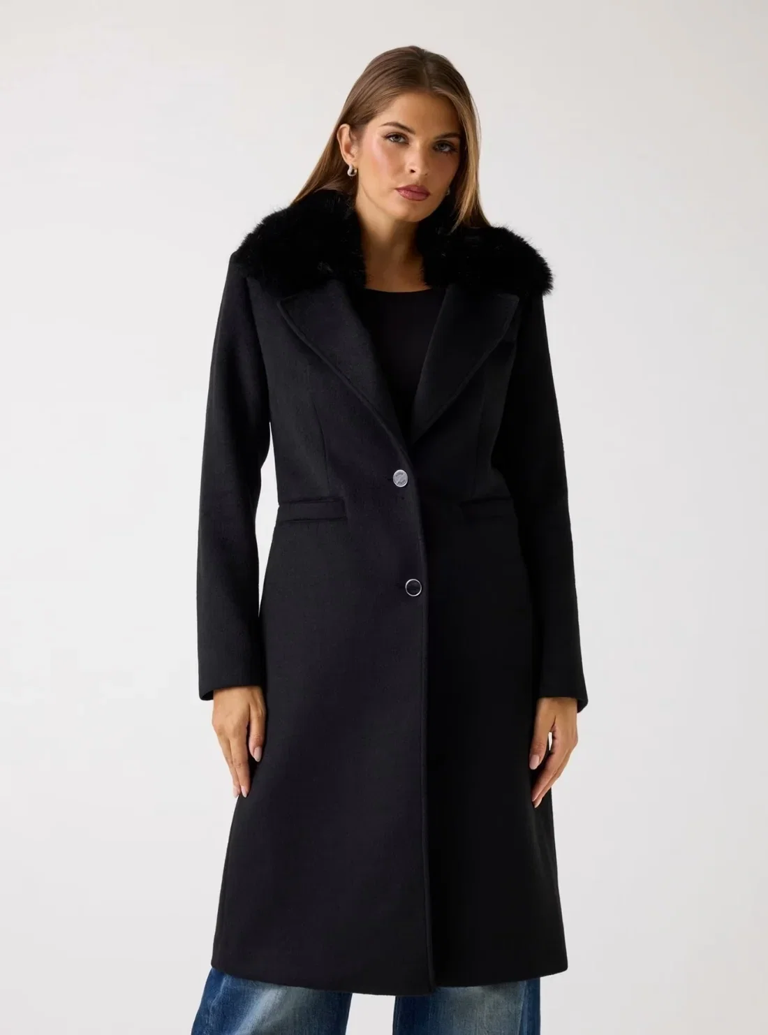 Image of Eco Black Karole Fur Collar Coat