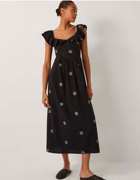 Daisy Frill Embroidered Midi Dress Black