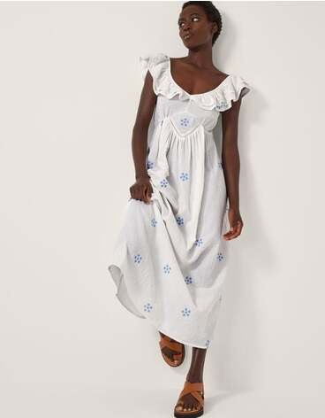Daisy Frill Embroidered Midi Dress White