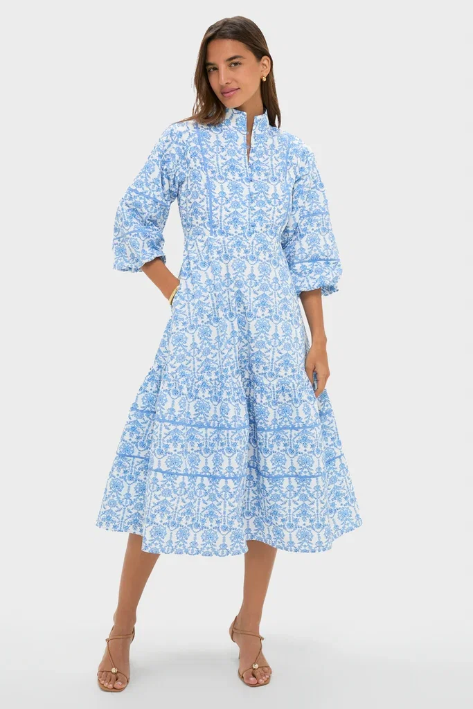 Image of Blue and White Midi Hillsborough Dress