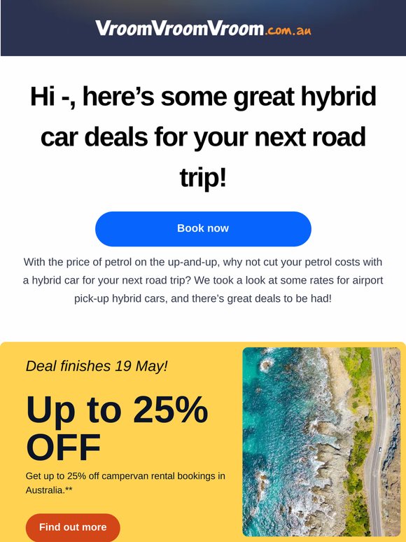 New Australia campervan sale + hybrid car rental rates