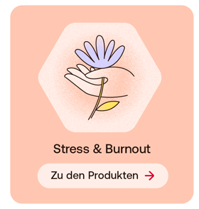 Text: Stress & Burnout. Button: Zu den Produkten