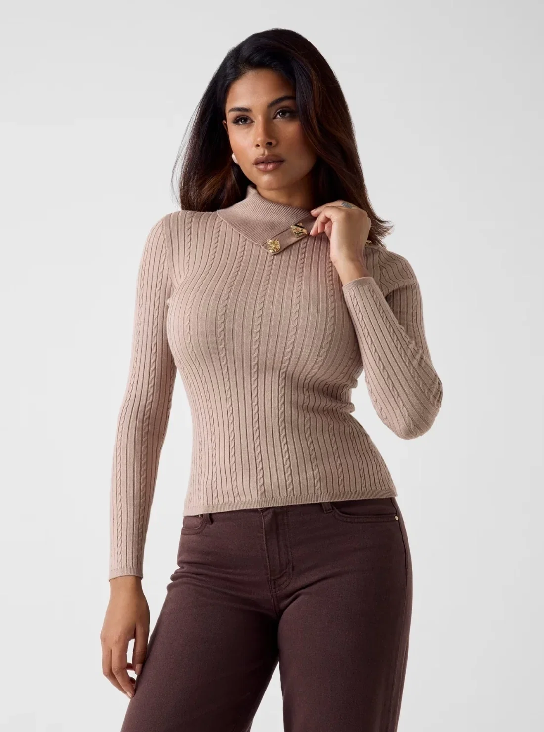 Image of Beige Priscilla T-Neck Cable Rib Sweater