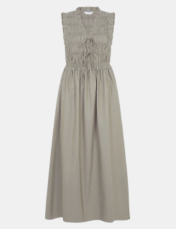 Tie Front Smocked Midi Dress Green