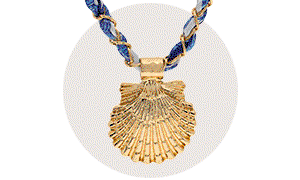 A GIF showing a gold shell necklace, blue floral earrings and a rainbow-coloured ring.